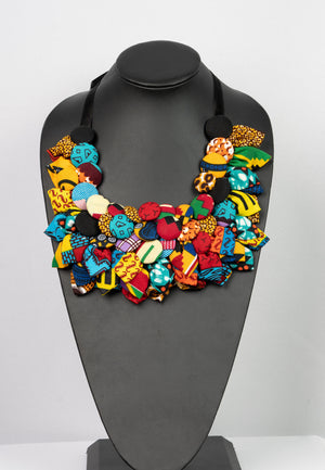 African print button flower necklace