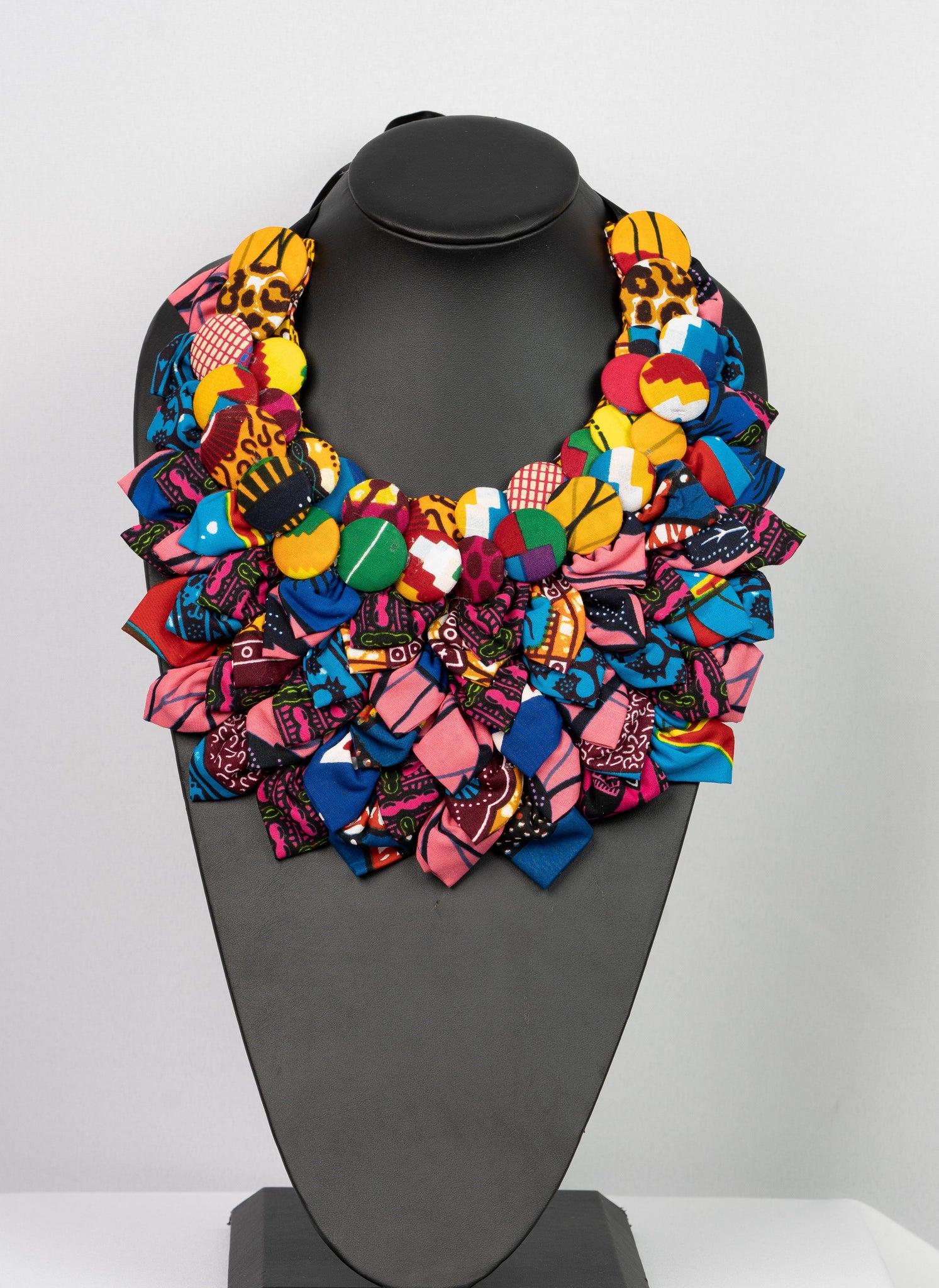 African print button flower necklace