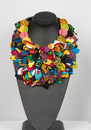 African print button flower necklace