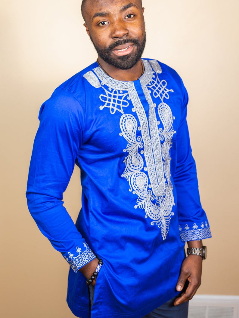 Blue with Sliver embroidery wear, embroidery African shirt for men