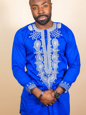 Blue with Sliver embroidery wear, embroidery African shirt for men